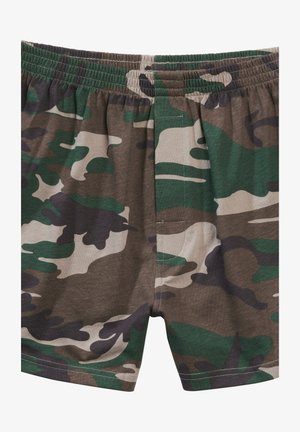 Kamuflāžas raksta bokseršorti, izgatavoti no mīksta kokvilnas, ar zaļiem, brūniem un bēšiem toņiem, elastīgu jostu un šūtu šuvi.