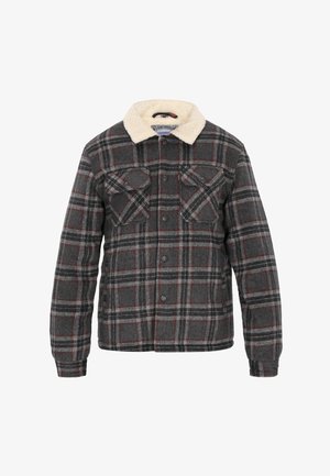 Kurtka flanelowa w kratę w kolorze czarnym, szarym i czerwonym, z kołnierzem podszytym futerkiem, z przodem zapinanym na guziki oraz dwiema kieszeniami na piersi z klapkami.