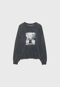 Sweat-shirt en polaire grise avec une coupe décontractée, un col rond et des poignets côtelés. Présente un graphisme central en noir et blanc d'un chien dans un paysage urbain.