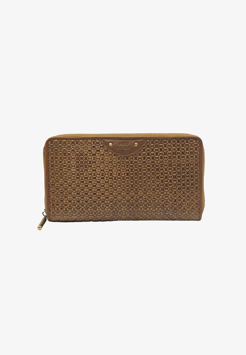 Portefeuille tissé marron avec un motif texturé, des accents dorés et une fermeture éclair. Le logo est embossé sur le devant.