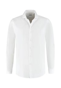 Witte lange mouwen knoopshirt met een klassieke kraag, met een gladde textuur en knopen aan de voorkant, getailleerde pasvorm met een gebogen zoom.