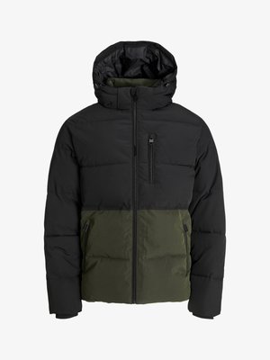 Giacca puffer con una sezione superiore nera e una parte inferiore verde oliva. Dotata di cappuccio, zip frontale e due tasche laterali. Tessuto testurizzato.