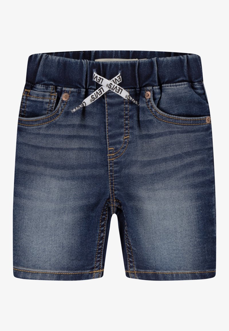 Shorts en denim bleu foncé avec une taille élastique, dotés d'un cordon blanc avec le logo LEVI'S, de poches avant et d'accents en métal cuivré.
