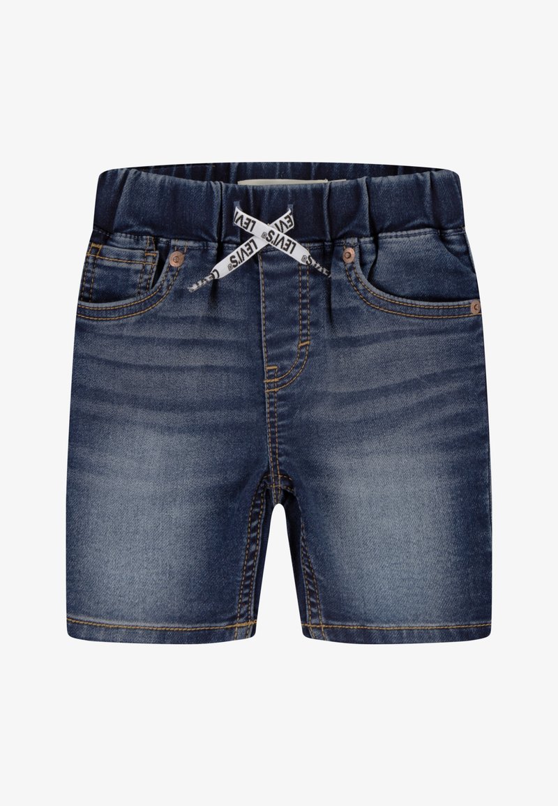 Shorts en denim bleu foncé avec une taille élastique, dotés d'un cordon blanc avec le logo LEVI'S, de poches avant et d'accents en métal cuivré.