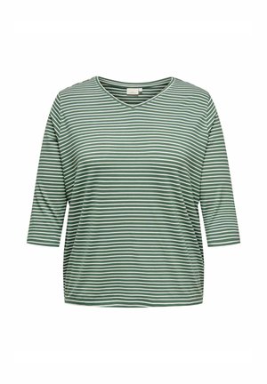 Zielono-biała cienka koszulka w poziome paski z dekoltem w serek i rękawami o długości do łokcia.