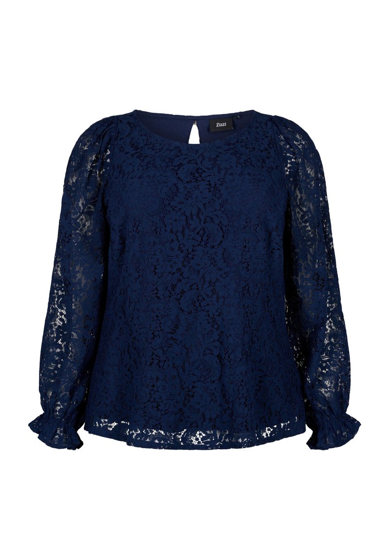 Navyblaue Spitzenbluse mit langen, puffigen Ärmeln und einem Schlüsselrücken. Sie verfügt über ein strukturiertes Blumenmuster und Rüschenmanschetten.