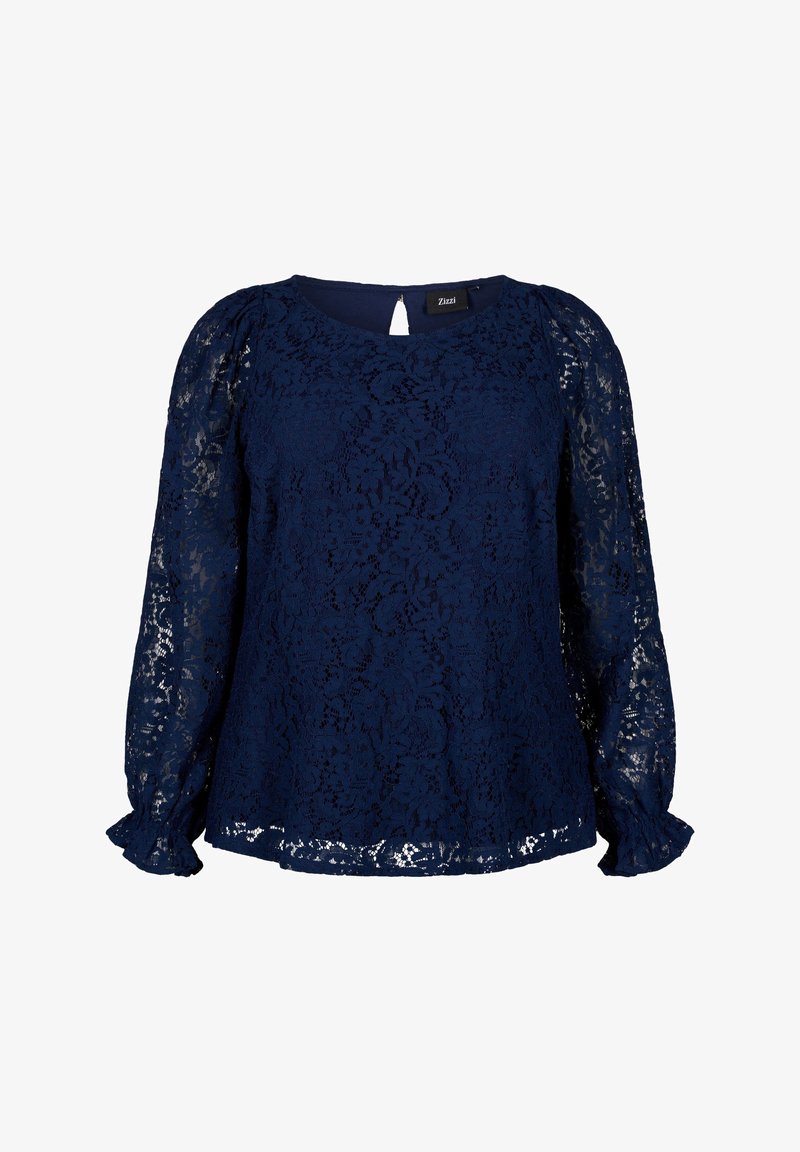 Navyblaue Spitzenbluse mit langen, puffigen Ärmeln und einem Schlüsselrücken. Sie verfügt über ein strukturiertes Blumenmuster und Rüschenmanschetten.