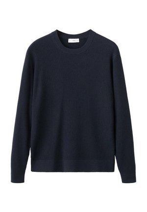 Marineblauwe ribgebreide trui met lange mouwen en een ronde hals. Gladde textuur en recht afgesneden zoom, geschikt om te layeren of voor casual draagstijl.