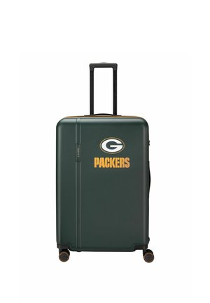 Stevige donkergroene koffer met vier wielen en telescopische handgreep met het Green Bay Packers-logo en gele tekst.