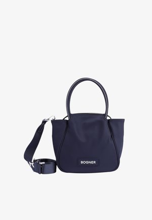 Navy Nylon-Handtasche mit zwei Griffen, verstellbarem Riemen, silbernen Beschlägen und Logo-Akzent. Glatte Textur und strukturiertes Design. Mit Reißverschluss.