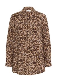 Beige leopardikuosisy blouse tummanruskeilla ja ruosteisilla täplillä. Siinä on napitus edessä, kaulus ja pitkät hihat, joissa on mansettitiedot.
