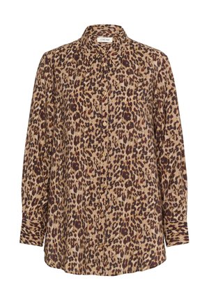 Bluse im Leopardenmuster in Beige mit dunkelbraunen und rostfarbenen Flecken. Verfügt über eine durchgehende Knopfleiste, einen Kragen und lange Ärmel mit Manschetten-Details.