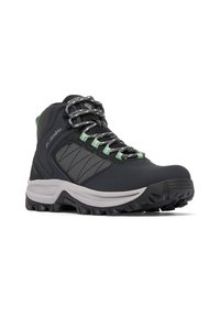 Schwarze Wanderschuhe mit Obermaterial aus Mesh und Synthetik, grauer Gummi-Sohle und grünen Akzenten. Verfügt über strapazierfähige Schnürsenkel und texturierte Stoffpaneele.