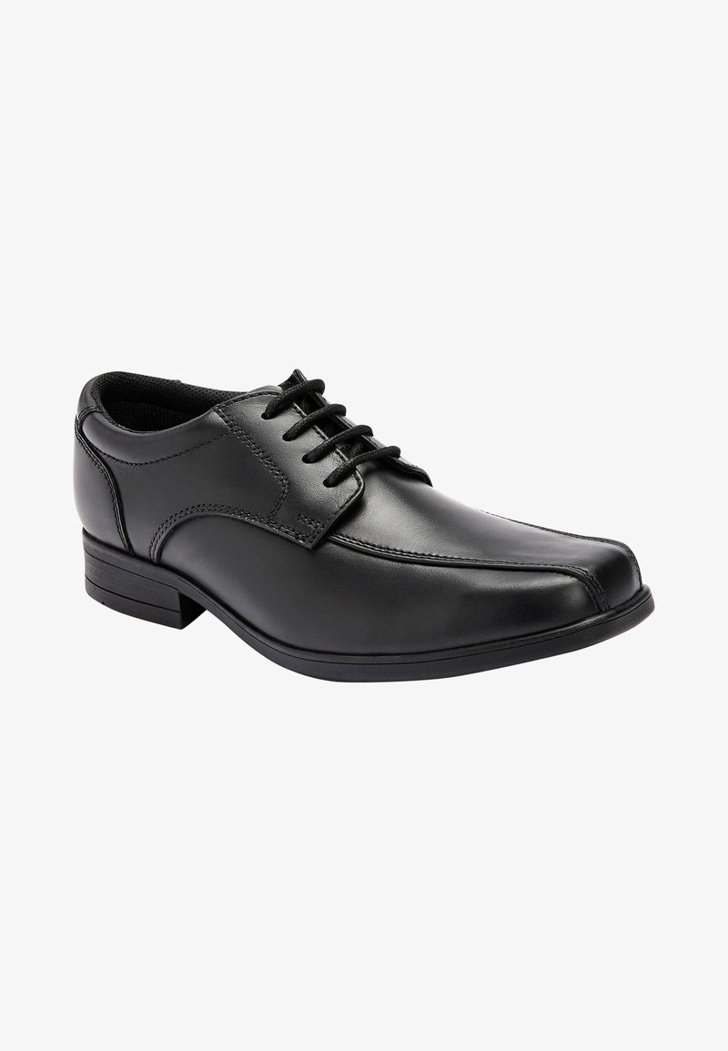 Pantofii din piele neagră, cu un finisaj neted, vârf rotund, design cu șireturi și toc mic. Au accente cusute pe laterale.