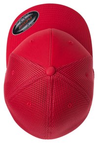 Red cap made of textured fabric with mesh panels. Features a flat brim and ventilation holes on the sides. Styled with a visible logo sticker.