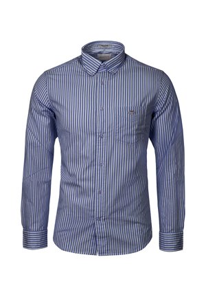 Blau-weiß gestreiftes Hemd mit langen Ärmeln, Knopfleiste, Brusttasche und Button-Down-Kragen.