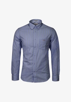 Modrá a bílá vertikálně pruhovaná košile s dlouhým rukávem, zapínáním na knoflíky, přední kapsou a límečkem s knoflíky.