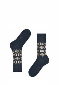 Marineblaue Socken mit einem gemusterten Akzent in Creme und Rot. Sie verfügen über ein geometrisches Design und einen roten Logo-Druck an der Seite. Weicher, dehnbarer Stoff.