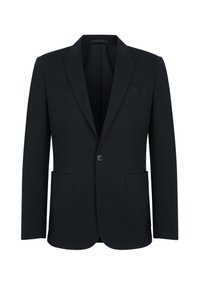 Granatowa marynarka wykonana z gładkiego materiału, z klapami notched, pojedynczym zapięciem na guzik oraz dwiema przednimi kieszeniami o zaokrąglonym kształcie.