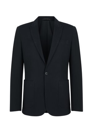 Granatowa marynarka wykonana z gładkiego materiału, z klapami notched, pojedynczym zapięciem na guzik oraz dwiema przednimi kieszeniami o zaokrąglonym kształcie.