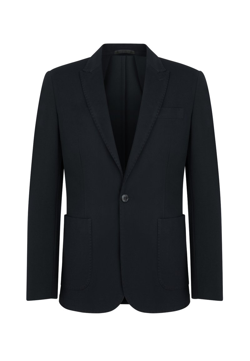 Granatowa marynarka wykonana z gładkiego materiału, z klapami notched, pojedynczym zapięciem na guzik oraz dwiema przednimi kieszeniami o zaokrąglonym kształcie.