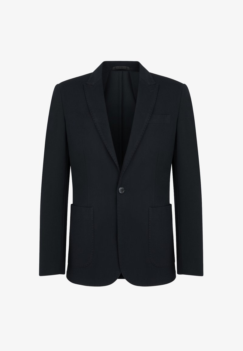 Granatowa marynarka wykonana z gładkiego materiału, z klapami notched, pojedynczym zapięciem na guzik oraz dwiema przednimi kieszeniami o zaokrąglonym kształcie.