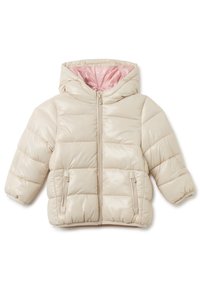 Giacca beige in piuma con cappuccio, caratterizzata da un'esterno lucido, rivestimento rosa, chiusura frontale con zip e due tasche laterali con zip.