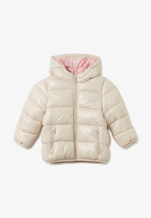 Giacca beige in piuma con cappuccio, caratterizzata da un'esterno lucido, rivestimento rosa, chiusura frontale con zip e due tasche laterali con zip.