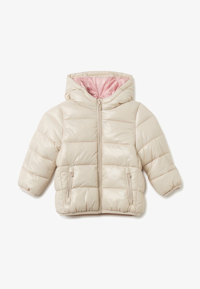 Giacca beige in piuma con cappuccio, caratterizzata da un'esterno lucido, rivestimento rosa, chiusura frontale con zip e due tasche laterali con zip.