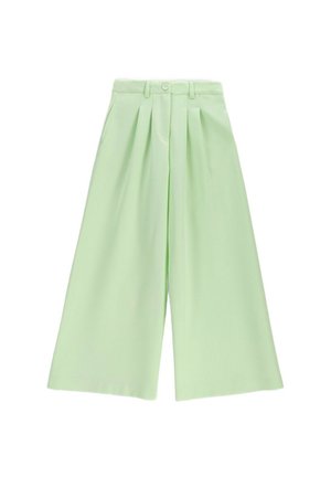 Jasnozielone spodnie z szerokimi nogawkami, z plisami, szlufkami na pasek, przednimi kieszeniami oraz zapięciem na guzik na białym tle.