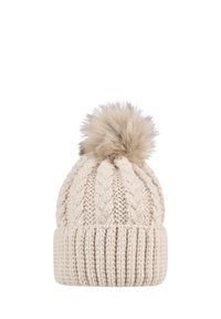 Cream knitted beanie hat with a textured cable design, featuring a large, soft faux fur pom-pom on top and a ribbed cuff.