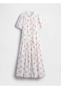 Robe midi blanche avec manches courtes bouffantes, imprimé floral rose et bleu, fermeture boutonnée devant et détails plissés sur le haut du corsage.