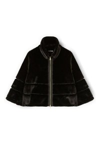Ciemnobrązowa kurtka z futra syntetycznego o krótkim kroju z kołnierzem stójkowym i złotym zamek błyskawiczny z przodu, z poziomym wzorem w panelach.