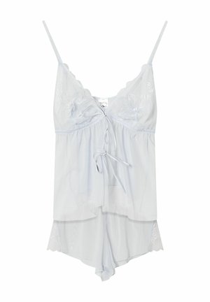 Light blue camisole set made of sheer fabric, featuring floral embroidery, adjustable straps, and a relaxed fit with scalloped edges.