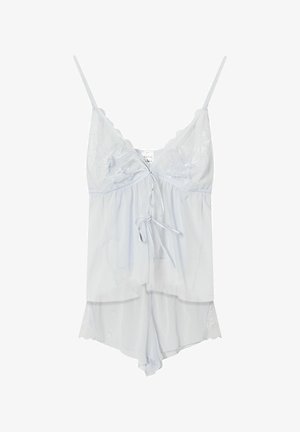 Hellblauer Camisole-Satz aus transparentem Stoff, mit floraler Stickerei, verstellbaren Trägern und einem lockeren Schnitt mit gewellten Kanten.