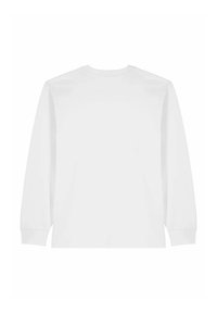 T-shirt à manches longues en coton blanc. Il présente un col rond et un ourlet droit, avec des poignets côtelés. Texture lisse, design minimaliste.