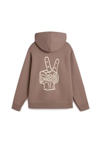 Felpa con cappuccio in tessuto marrone chiaro, con una grafica bianca di un simbolo di pace e testo stilizzato sul retro. Maniche lunghe, vestibilità rilassata.