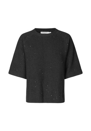 Maglione nero a maglia con maniche corte, caratterizzato da un motivo testurizzato e accenti riflettenti sparsi. Collo a giro.