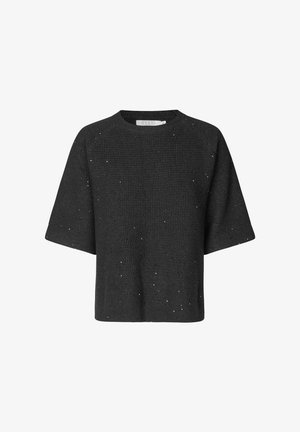 Maglione nero a maglia con maniche corte, caratterizzato da un motivo testurizzato e accenti riflettenti sparsi. Collo a giro.