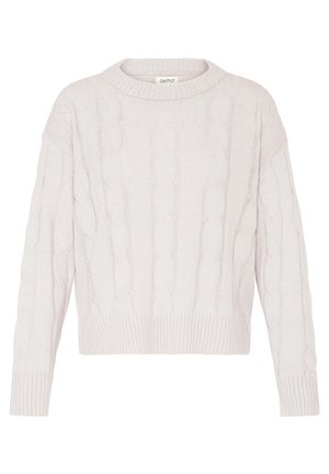 Šviesiai rožinis megztinis su pynimo rašto audiniu, apvalia iškirpte, ribinėmis rankogaliais ir apačia, pasižymintis minkšta tekstūra ir laisvu kirpimu.