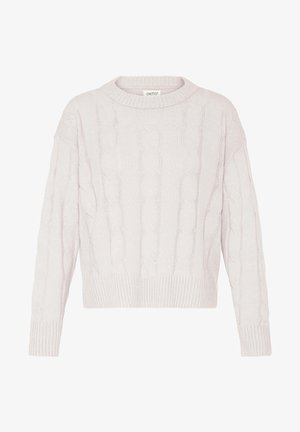 Maglione rosa chiaro a maglia a trecce con scollo rotondo, polsini e orlo a costine, caratterizzato da una texture morbida e una vestibilità rilassata.