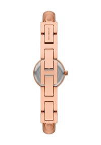 Roséguld metallklocka med länkarmband, med en rund silverfärgad urtavla som syns genom baksidan. Graverad "MICHAEL KORS" på armbandet.