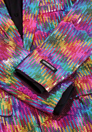 Colorful sequin blazer featuring a striped pattern in pink, green, blue, and gold. Black lining and pink button accents on the cuffs.