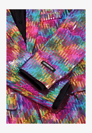 Bunter Pailletten-Blazer mit gestreiftem Muster in Pink, Grün, Blau und Gold. Schwarze Futter und pinkfarbene Knopfakzente an den Ärmeln.