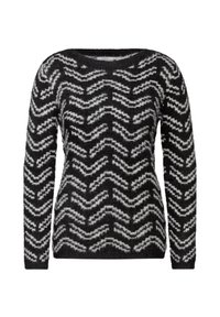 Pull à motifs chevrons noir et blanc avec des manches longues, un col rond et un tissu doux et texturé.