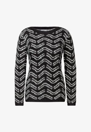 Black and white chevron patterned sweater with long sleeves, a round neckline, and a soft, textured fabric.