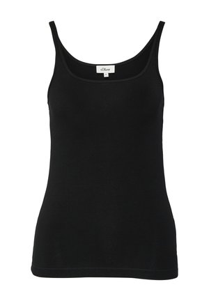 Débardeur noir sans manches pour femme avec encolure arrondie, coupe ajustée et étiquette de la marque s.Oliver à l'intérieur du col.