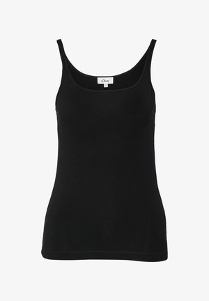Débardeur noir sans manches pour femme avec encolure arrondie, coupe ajustée et étiquette de la marque s.Oliver à l'intérieur du col.