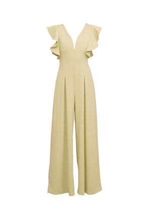 Light beige wide-leg jumpsuit with deep V-neck and ruffled cap sleeves, featuring pleats at the waist and flowing fabric.