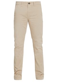 Béžové bavlněné kalhoty rovného střihu, s poutky na opasek, zapínáním na knoflík vpředu a bočními kapsami. Hladká textura bez viditelných vzorů.